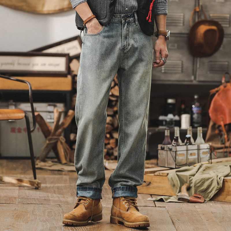 杰雷諾復古直筒牛仔褲男款夏季寬鬆潮牌休閒長褲美式高街闊腿褲子
