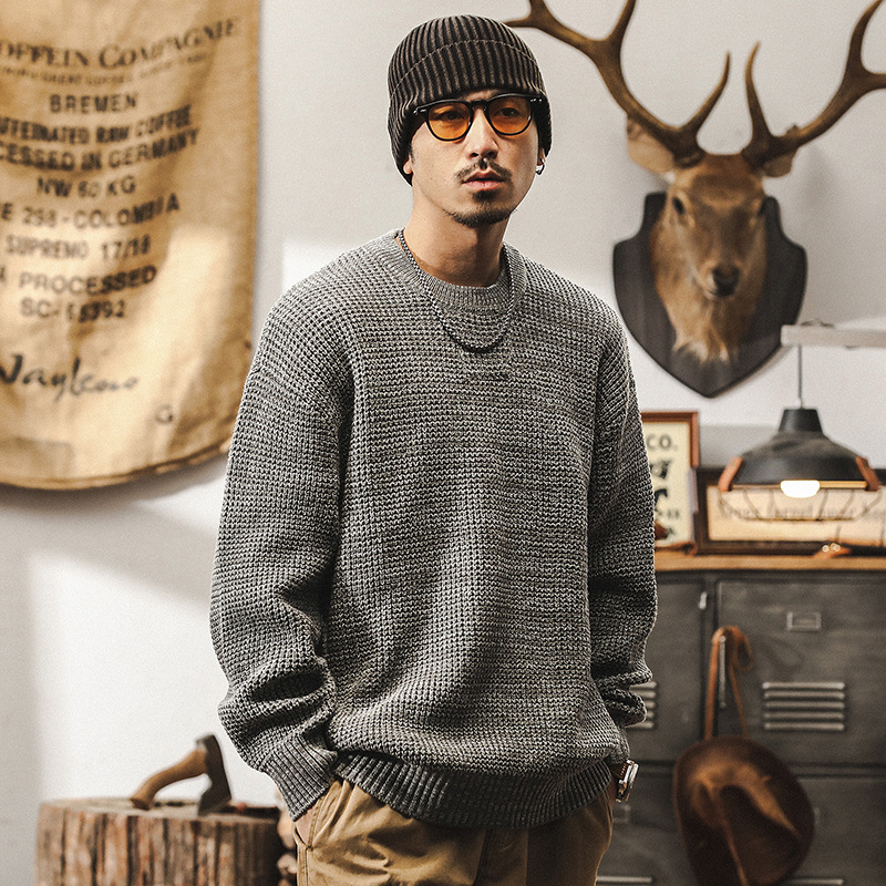 美式復古重磅毛衣男冬季加厚潮牌線衫男日系慵懶風寬鬆休閒針織衫