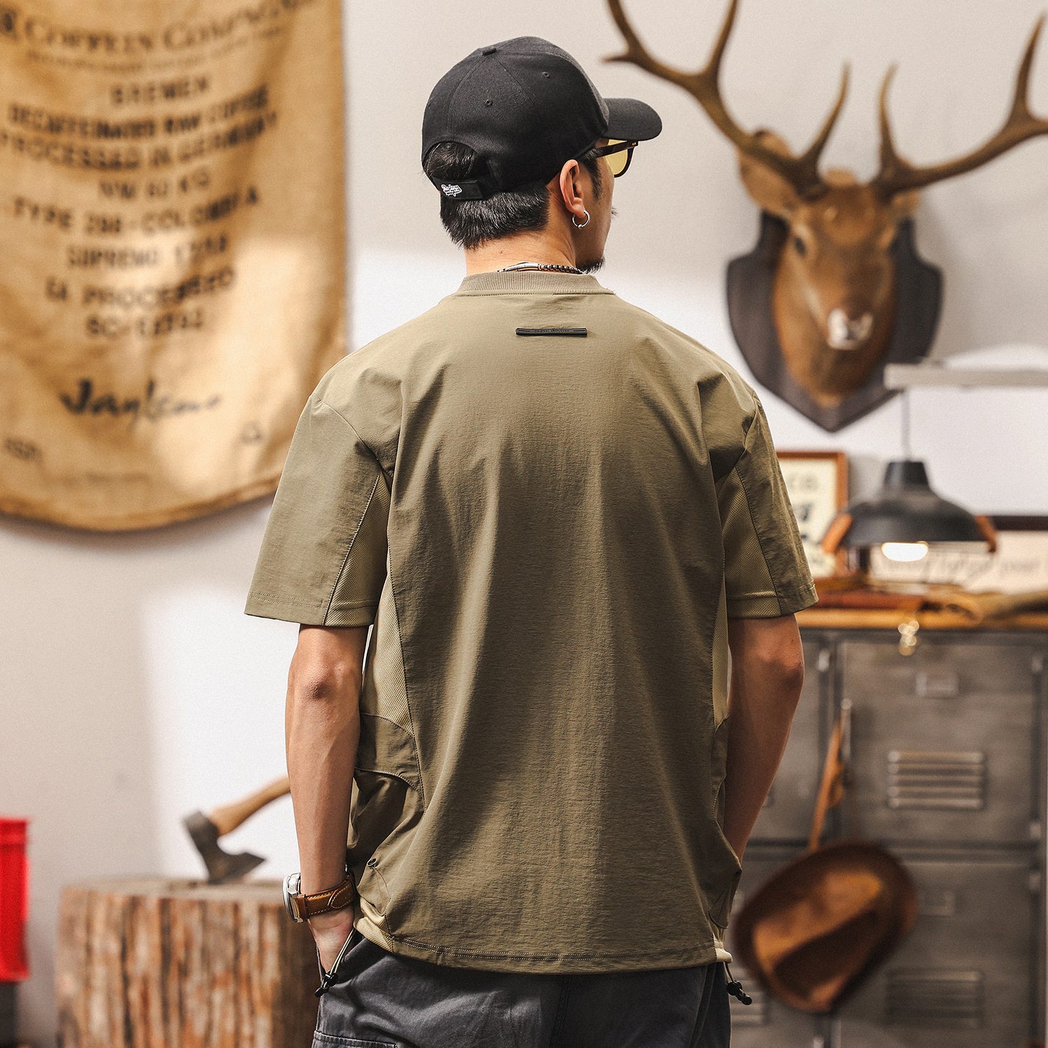 薄款運動速乾短袖男款夏季綠色戶外機能風T恤男美式復古寬鬆上衣