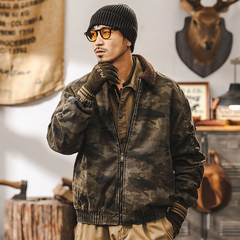 美式復古重磅羊羔絨外套男冬季加厚棉衣棉襖戶外迷彩工裝夾克棉服
