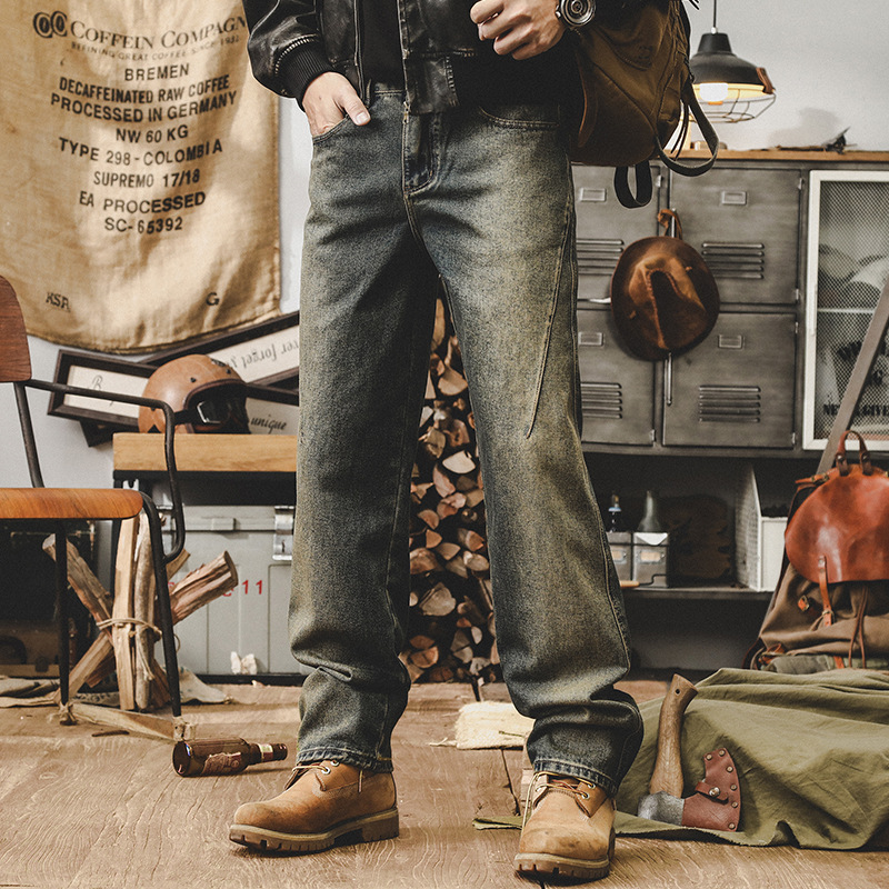 傑雷諾美式複古黃泥牛仔褲男款直筒潮牌百搭寬松水洗褲子男春秋款