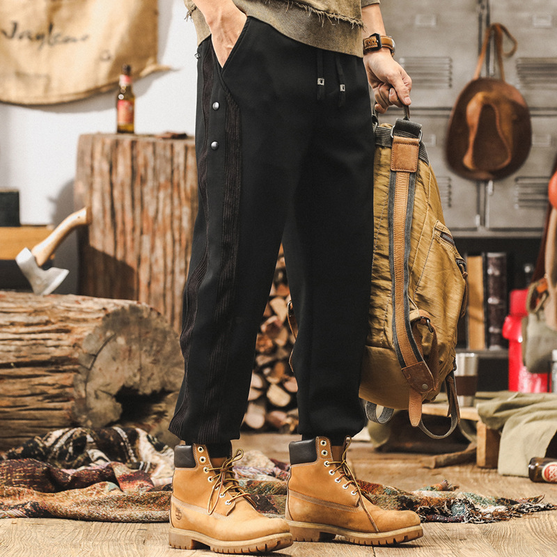 美式復古高級感太空棉拼接褲子男秋季2024新款潮牌束腳寬鬆休閒褲