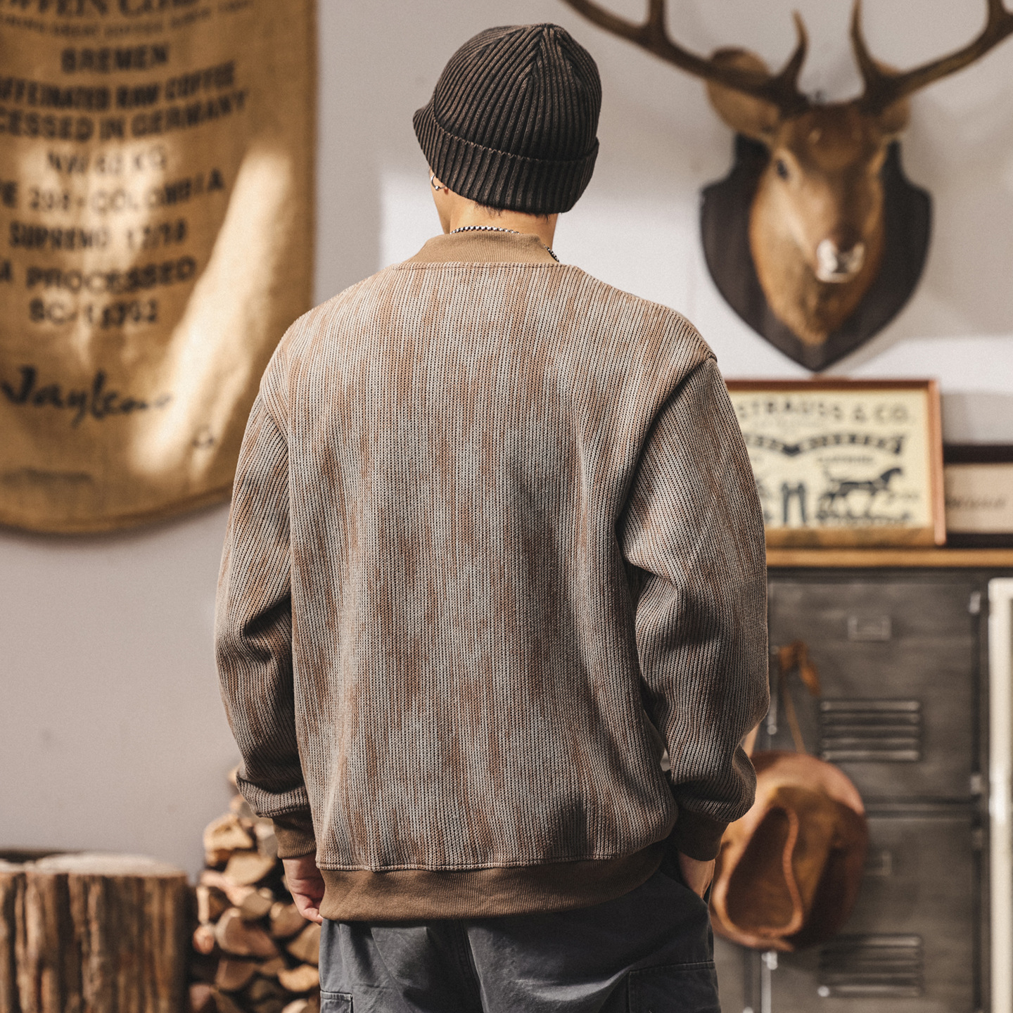 美式重磅圓領衛衣男寬鬆秋冬潮牌定織廢土風復古針織衫外套男秋季