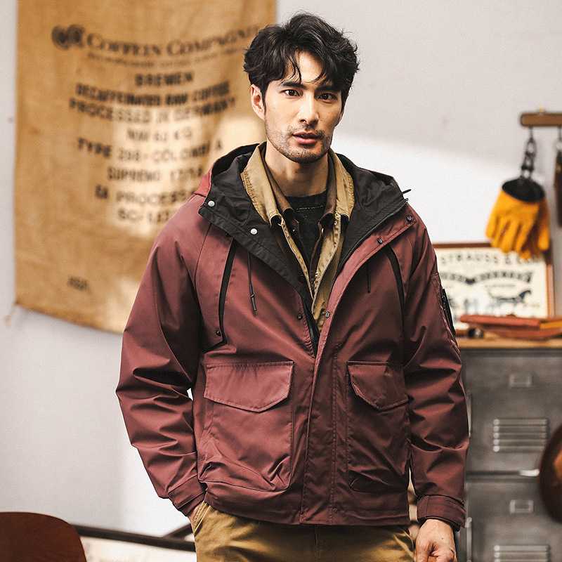 美式復古工裝外套男秋季山系戶外機能連帽衝鋒衣男士潮流休閒夾克