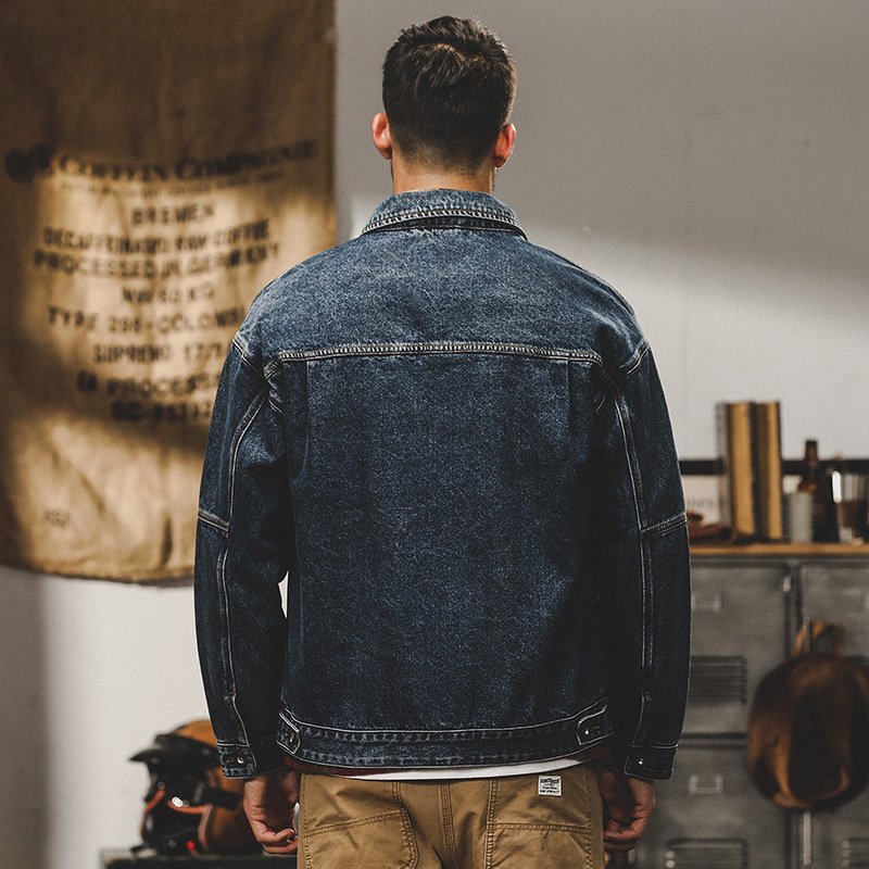 美式復古牛仔外套男硬漢潮流單排扣棉質聚酯纖維牛仔布春秋多口袋