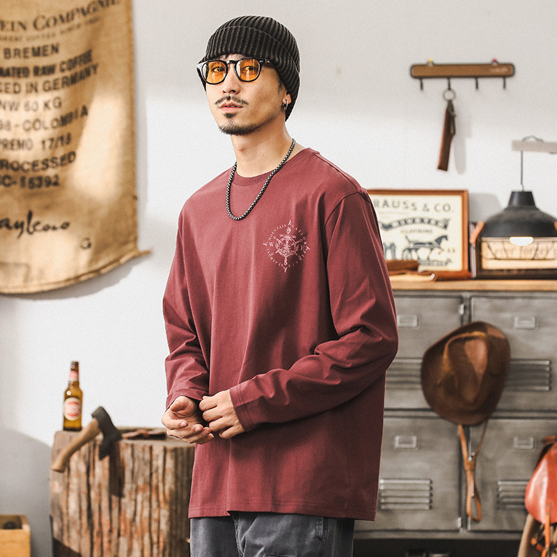 杰雷諾美式復古酒紅色長袖T恤男寬鬆重磅秋季大碼休閒男裝上衣潮