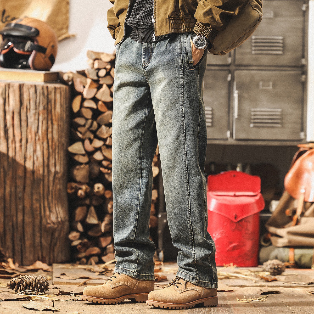 美式復古結構水洗牛仔褲男款寬鬆直筒2025新款秋季潮牌男士休閒褲
