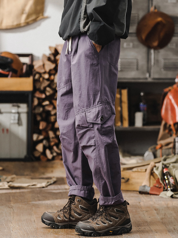 春季新款工裝褲子男潮牌美式寬鬆直筒男士休閒褲高級感紫色褲子男