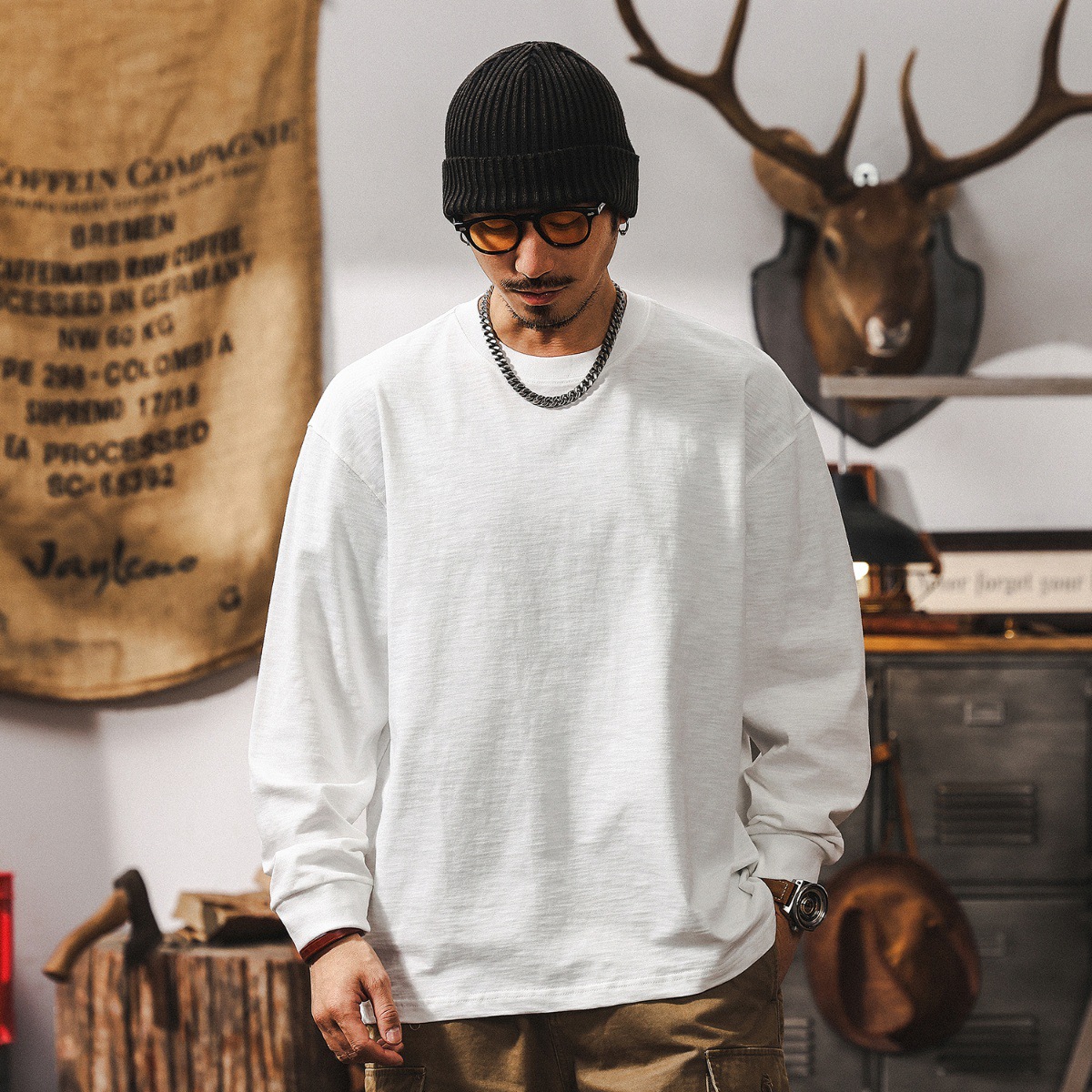 竹節肌理T恤男長袖春秋季2025新款多巴胺紫色寬鬆簡約男士上衣T潮