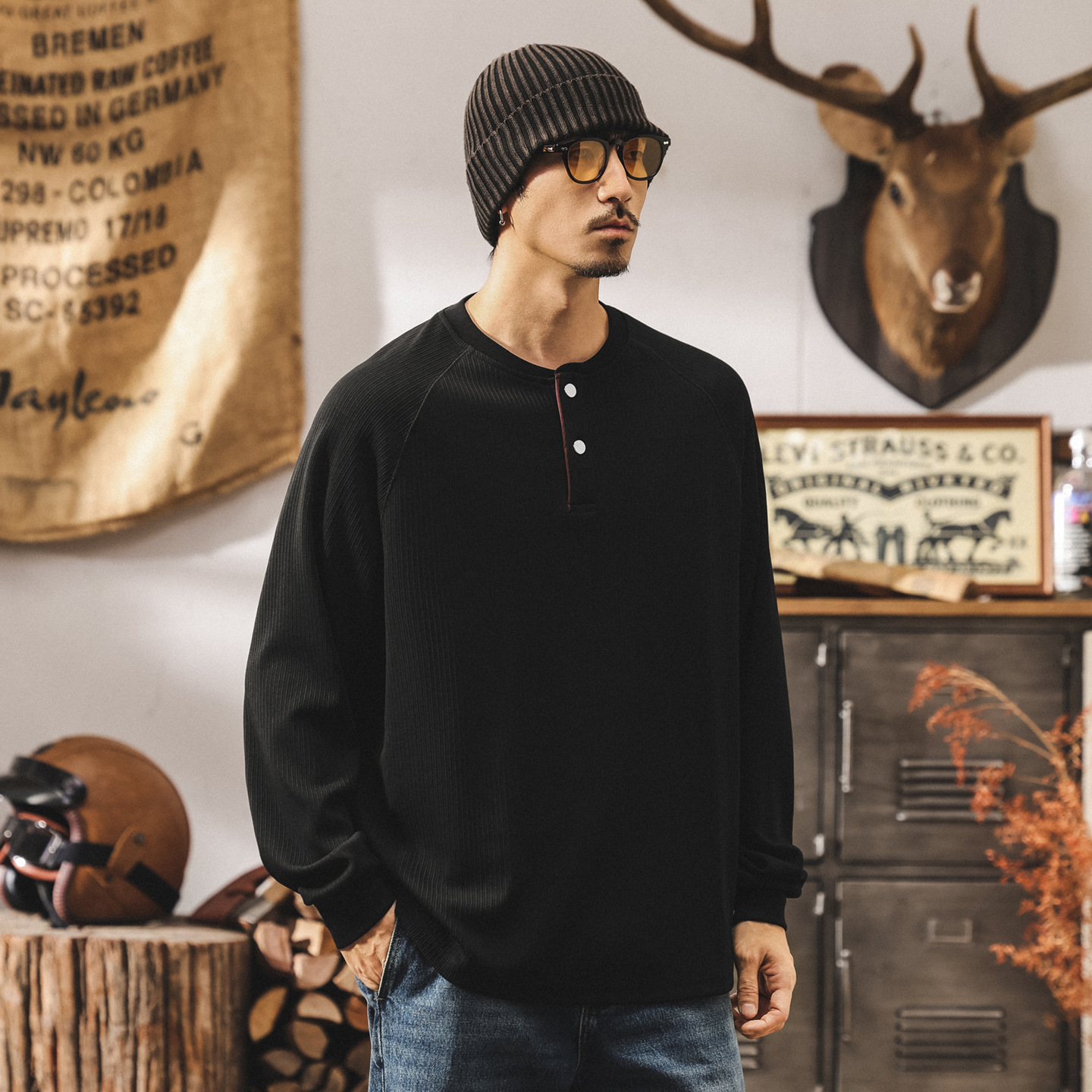 美式復古280g重磅長袖t恤男寬鬆秋季新款條紋肌理亨利領polo衫男