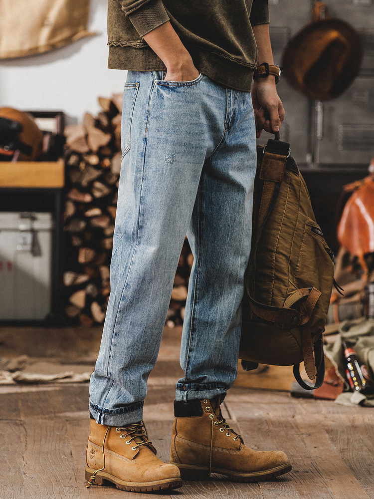 美式經典淺藍色直筒牛仔褲男春季2024新款復古磨白扎花水洗休閒褲