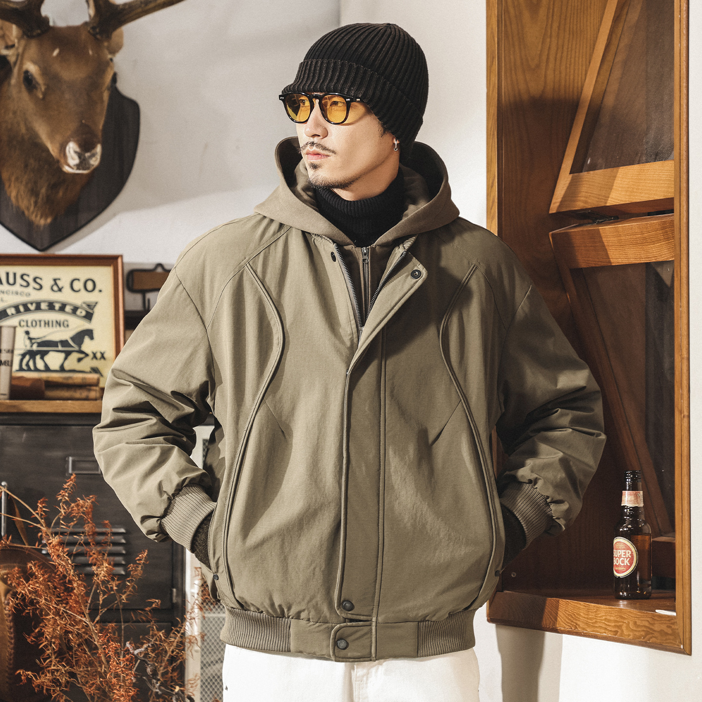 美式復古假兩件連帽冬季工裝羽絨服男寬鬆加厚90鴨絨禦寒保暖外套