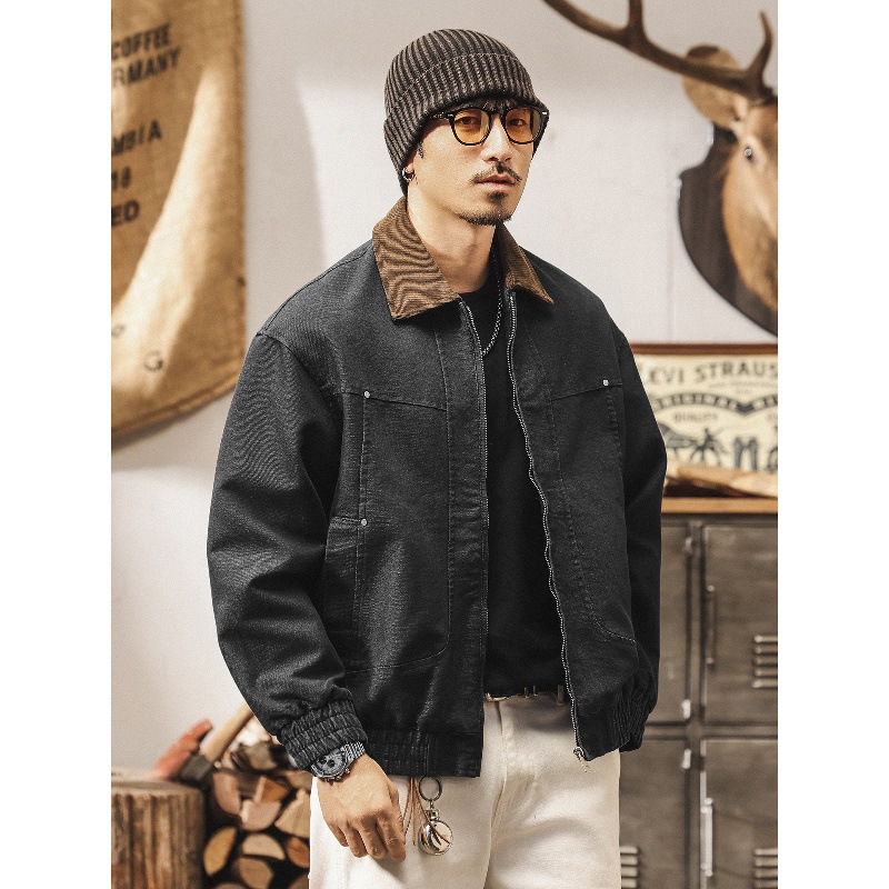 巴恩風工裝外套男春秋新款美式復古霜感帆布寬鬆潮牌硬朗教練夾克