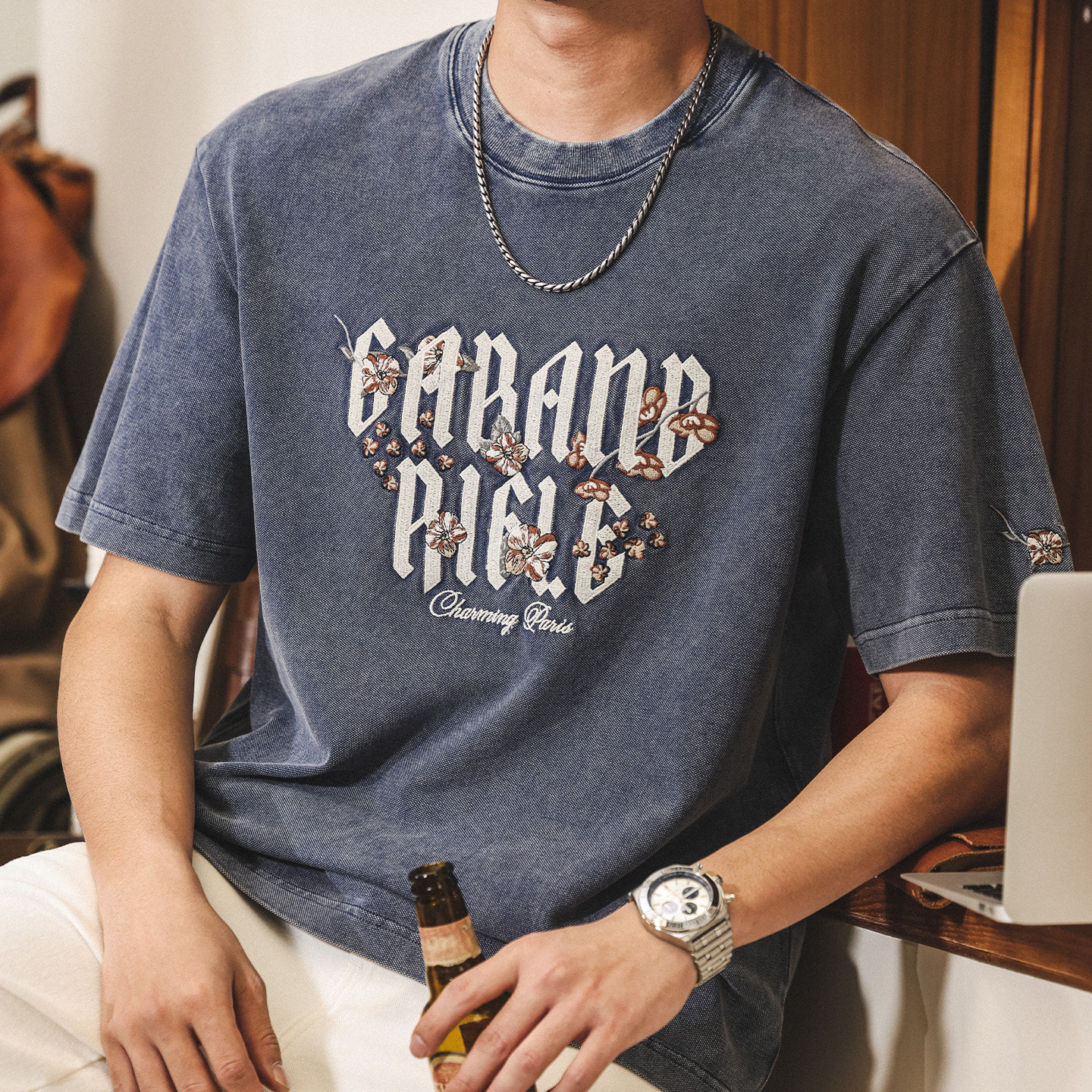 美式復古重工砂石水洗T恤男夏季2026新款潮牌刺繡短袖男寬鬆上衣