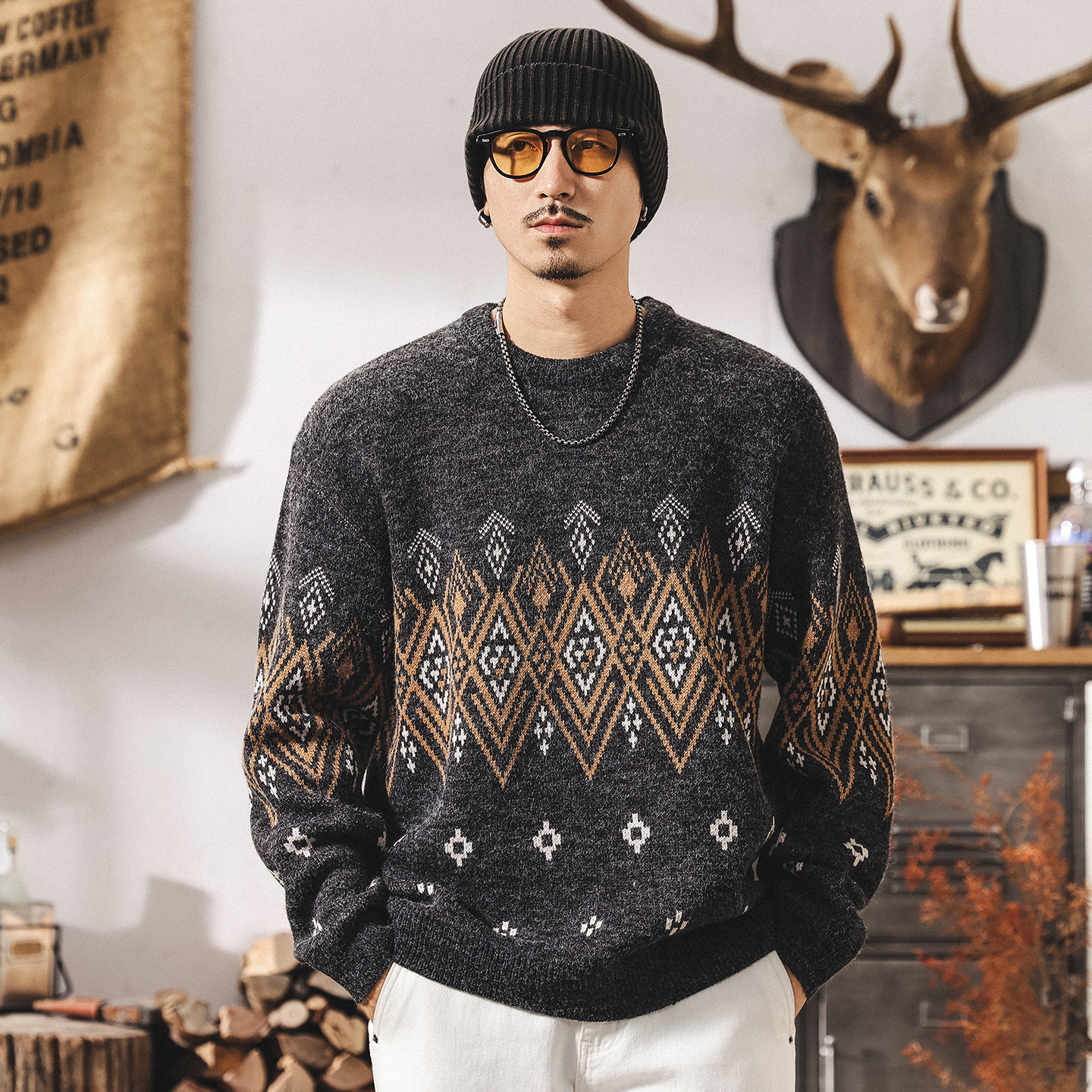 美式復古提花費爾島毛衣男秋冬2025新款潮流民族風寬鬆男士針織衫