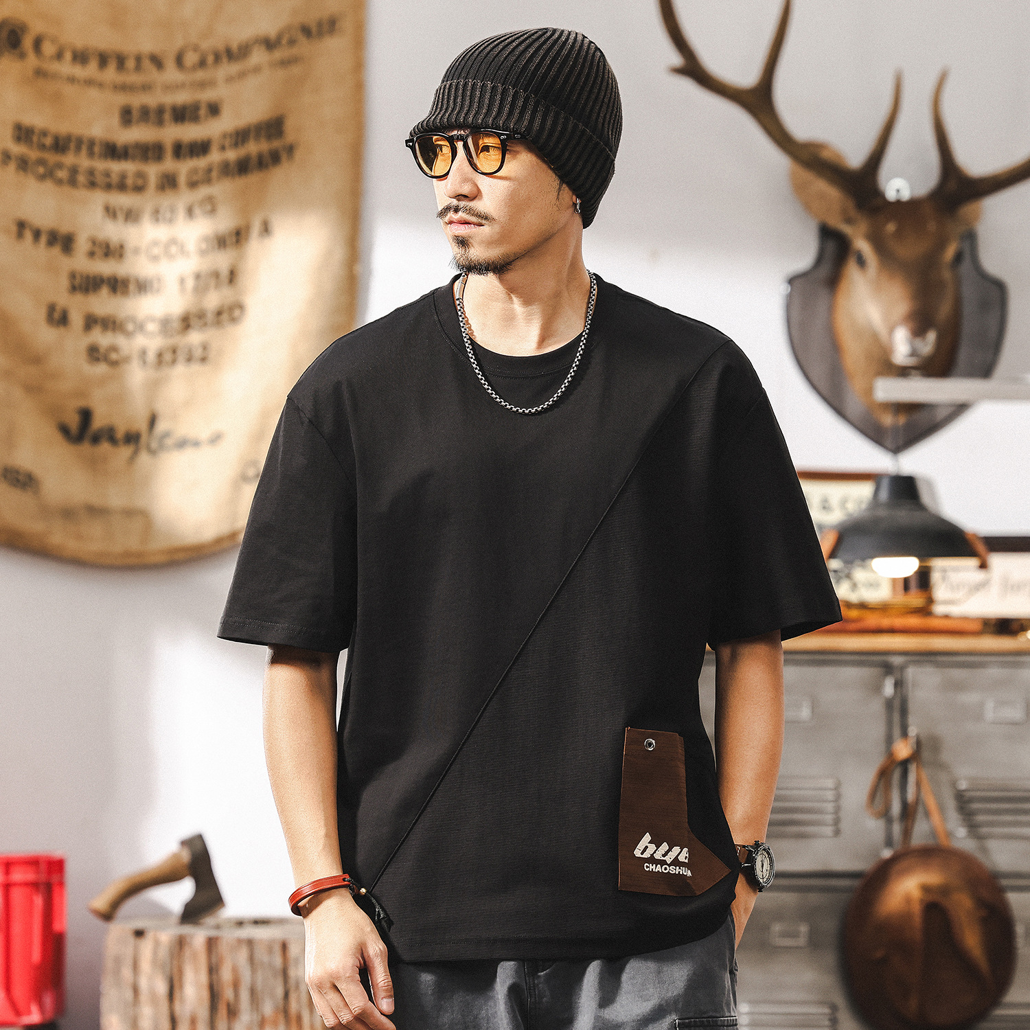 高級感拼接提花T恤男夏季美式短袖2025新款寬鬆潮牌男士半袖