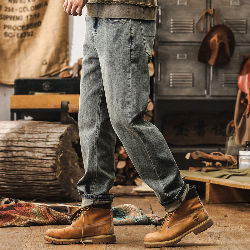 美式復古直筒牛仔褲男款秋季潮牌黃泥水洗加絨男士寬鬆休閒長褲子