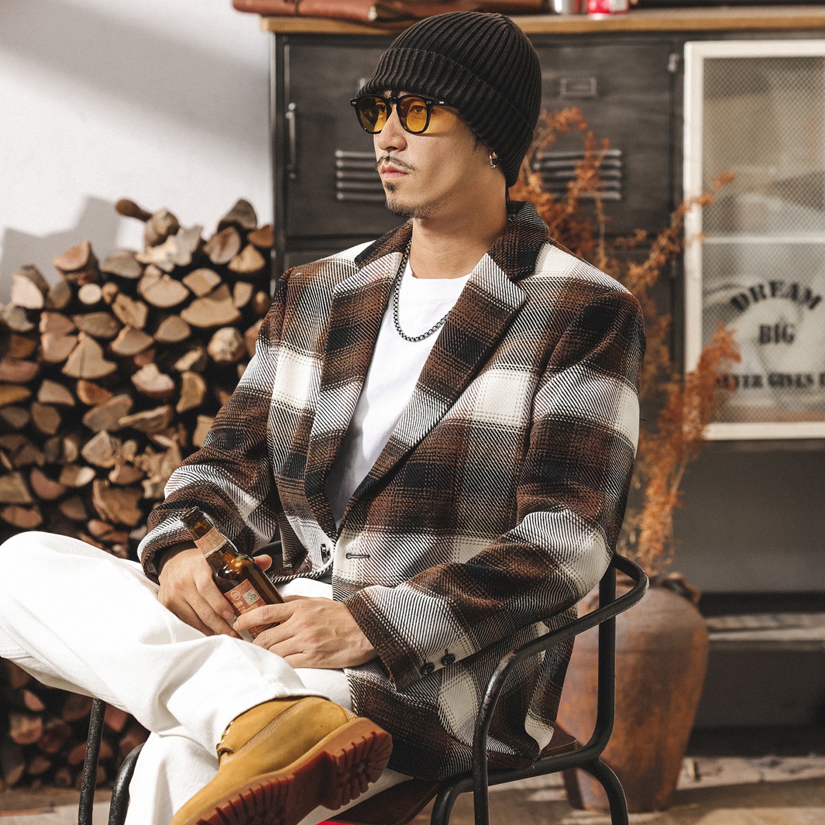 美式復古色織格紋西裝外套男冬季新款潮牌高級感通勤休閒寬鬆西服