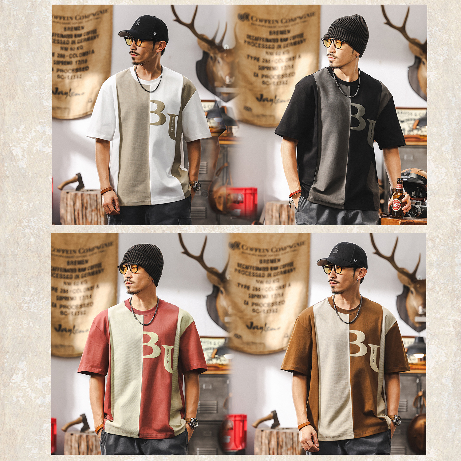 美式230g重磅復古短袖T恤男潮牌拼接撞色男士上衣半袖男體恤