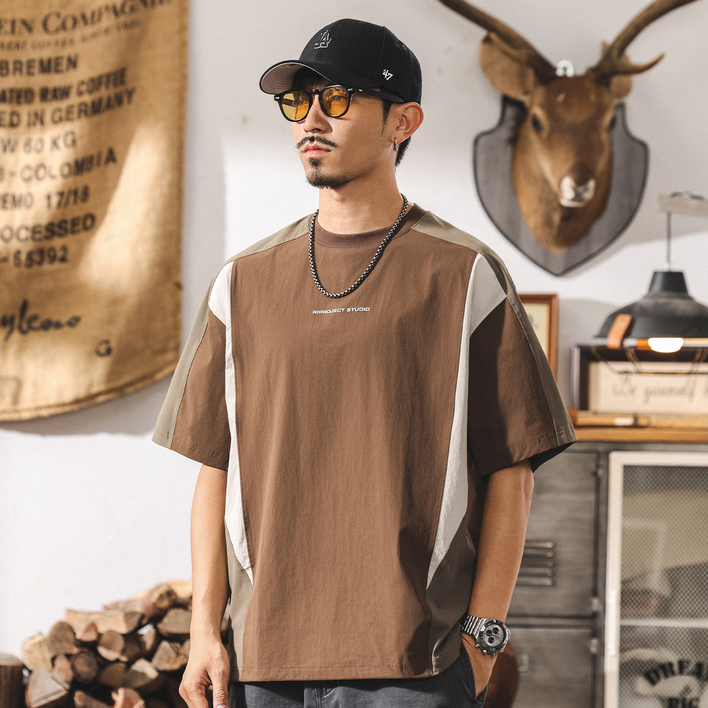 美式潮牌男士短袖T恤夏季新款寬鬆2025戶外機能速幹大碼休閒上衣T