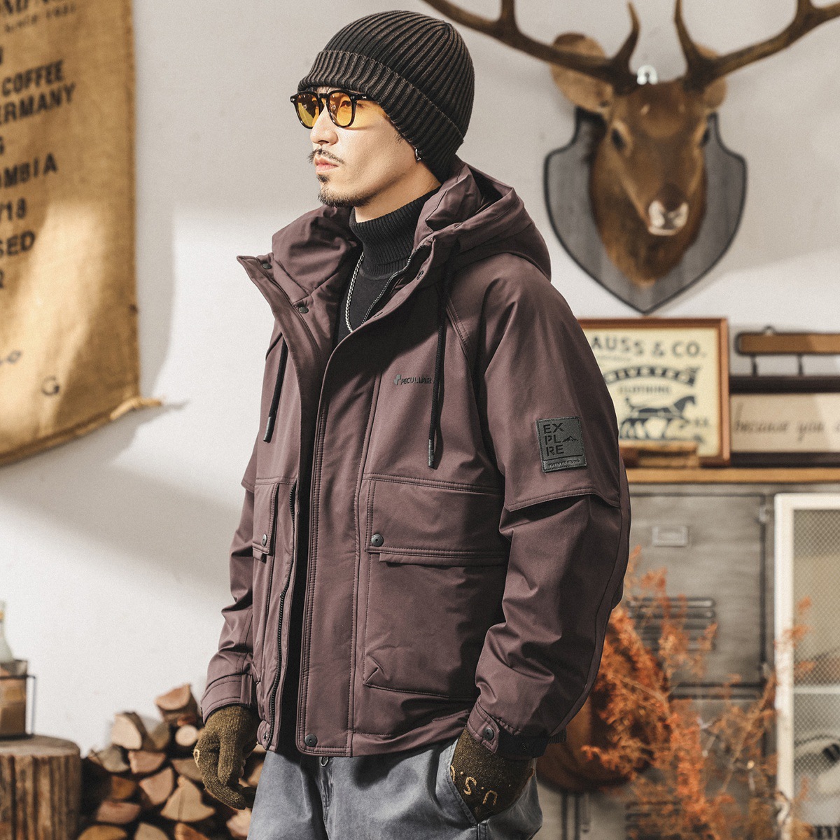 美式復古90純白鴨絨連帽工裝羽絨服男冬季加厚保暖禦寒派克服外套