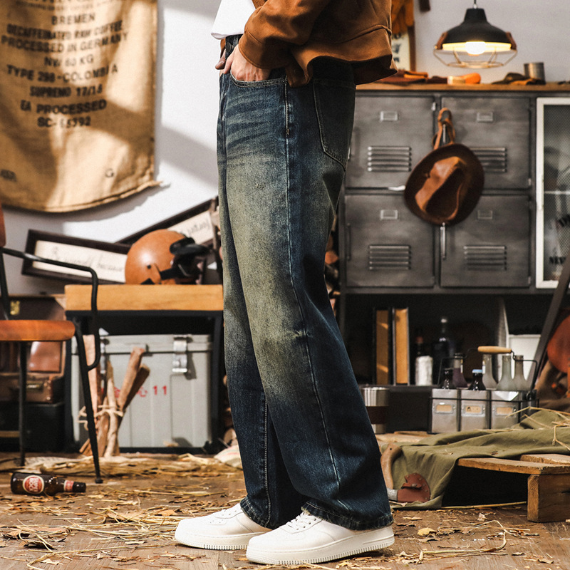 美式經典牛仔褲男寬鬆直筒2024新款潮流褲子男秋季復古水洗休閒褲