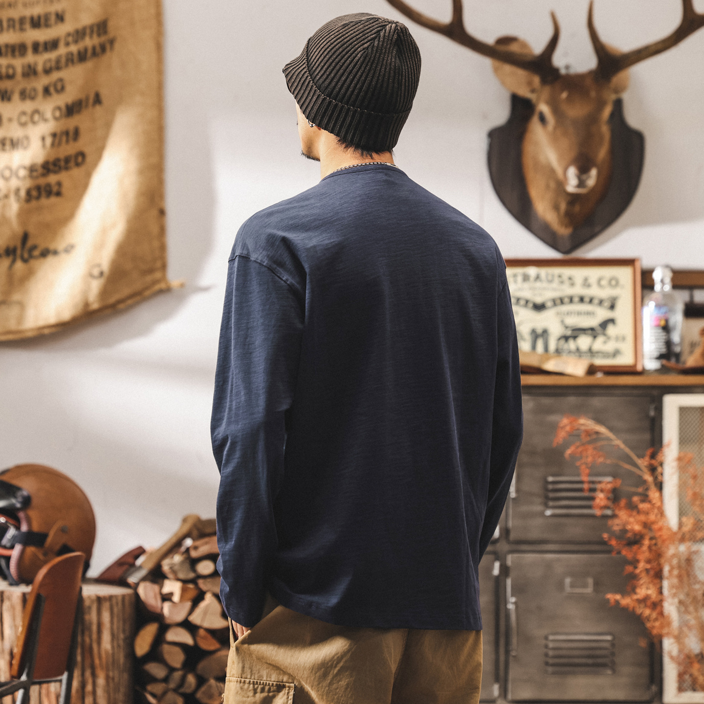 美式復古280g重磅竹節棉t恤男秋季新款潮流亨利領長袖polo衫