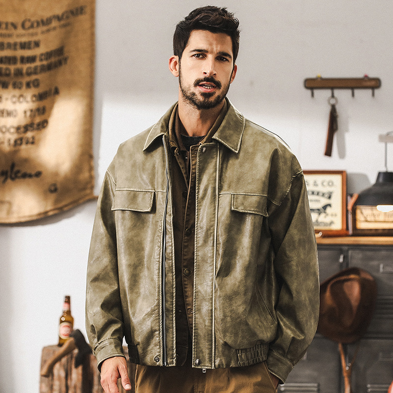 美式復古機車軟皮衣外套男秋季2024新款潮流痞帥硬核PU皮工裝夾克
