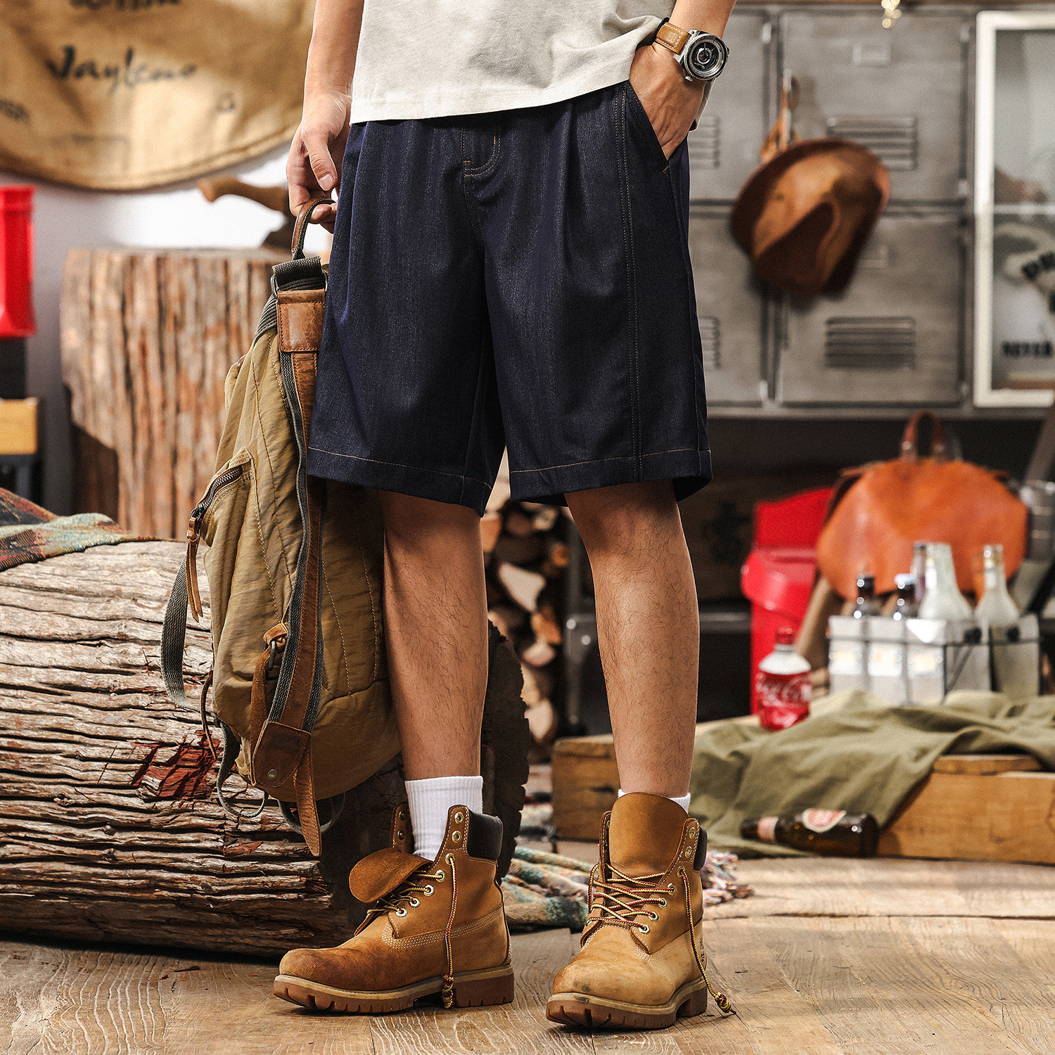 抗皺易打理美式復古丹寧牛仔短褲男夏季薄款休閒寬鬆直筒五分褲子