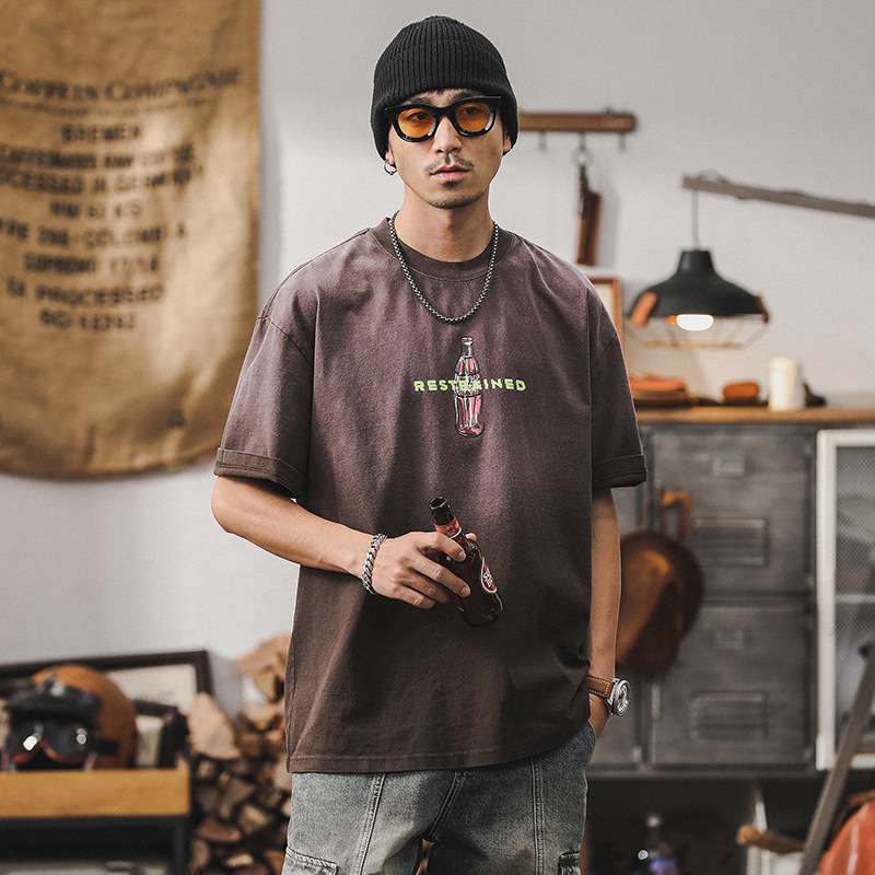 夏季咖色重磅T恤男短袖個性創意印花潮流男士半袖寬鬆上衣男