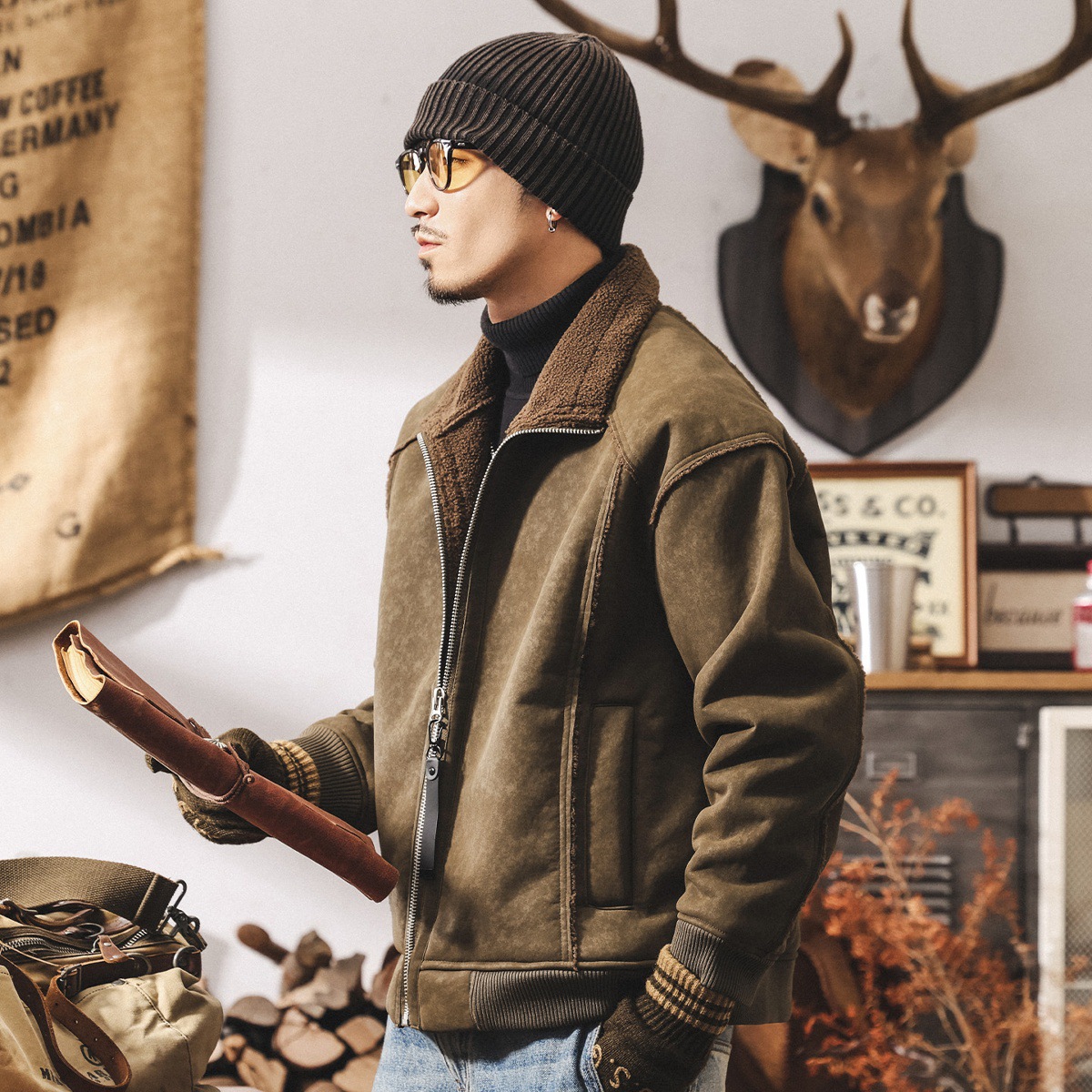 美式復古加厚機車皮毛一體麂皮絨棉服男冬季保暖羊羔絨棉衣外套男