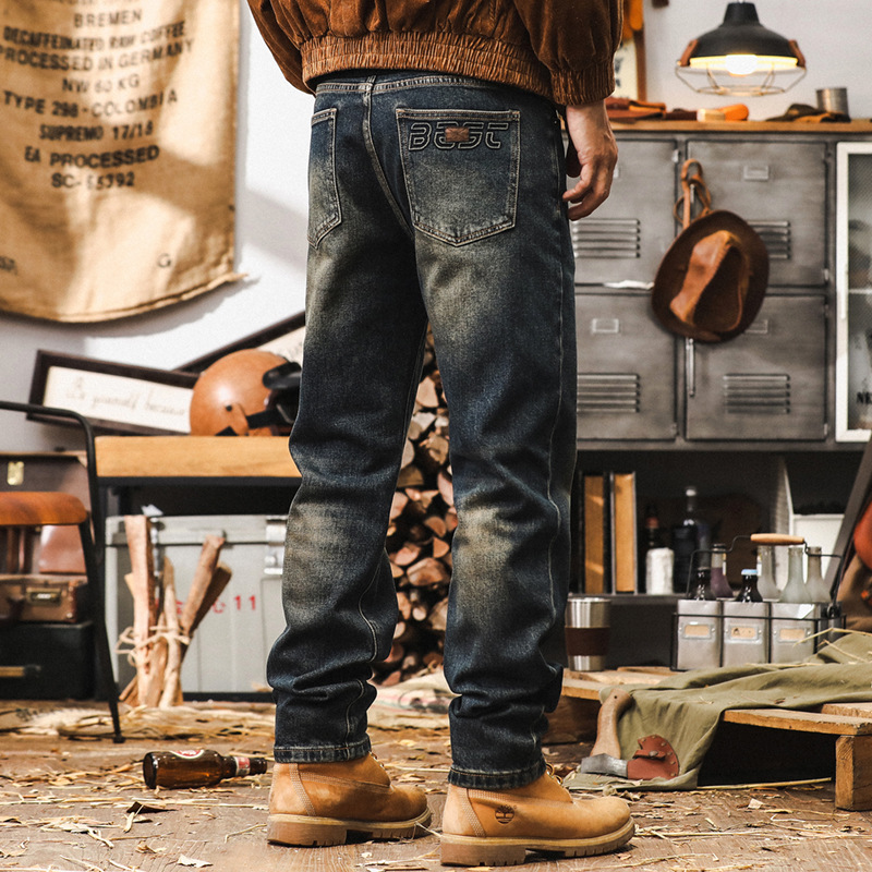 美式復古重磅高端牛仔褲男秋季2024秋季新款直筒做舊水洗休閒長褲