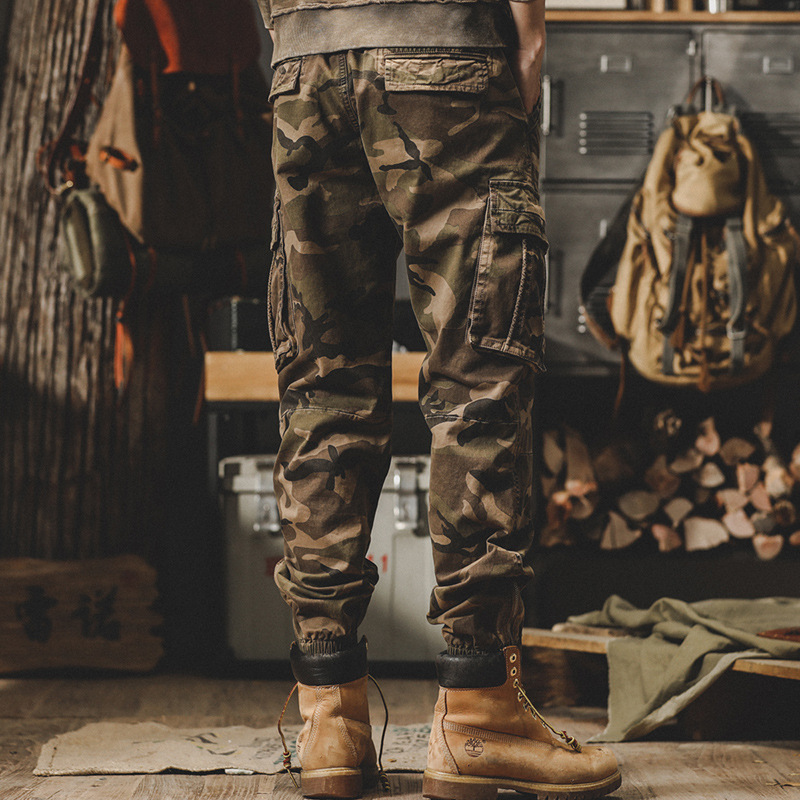 美式復古迷彩工裝褲子男寬鬆直筒2024年新款山系戶外通勤休閒褲男