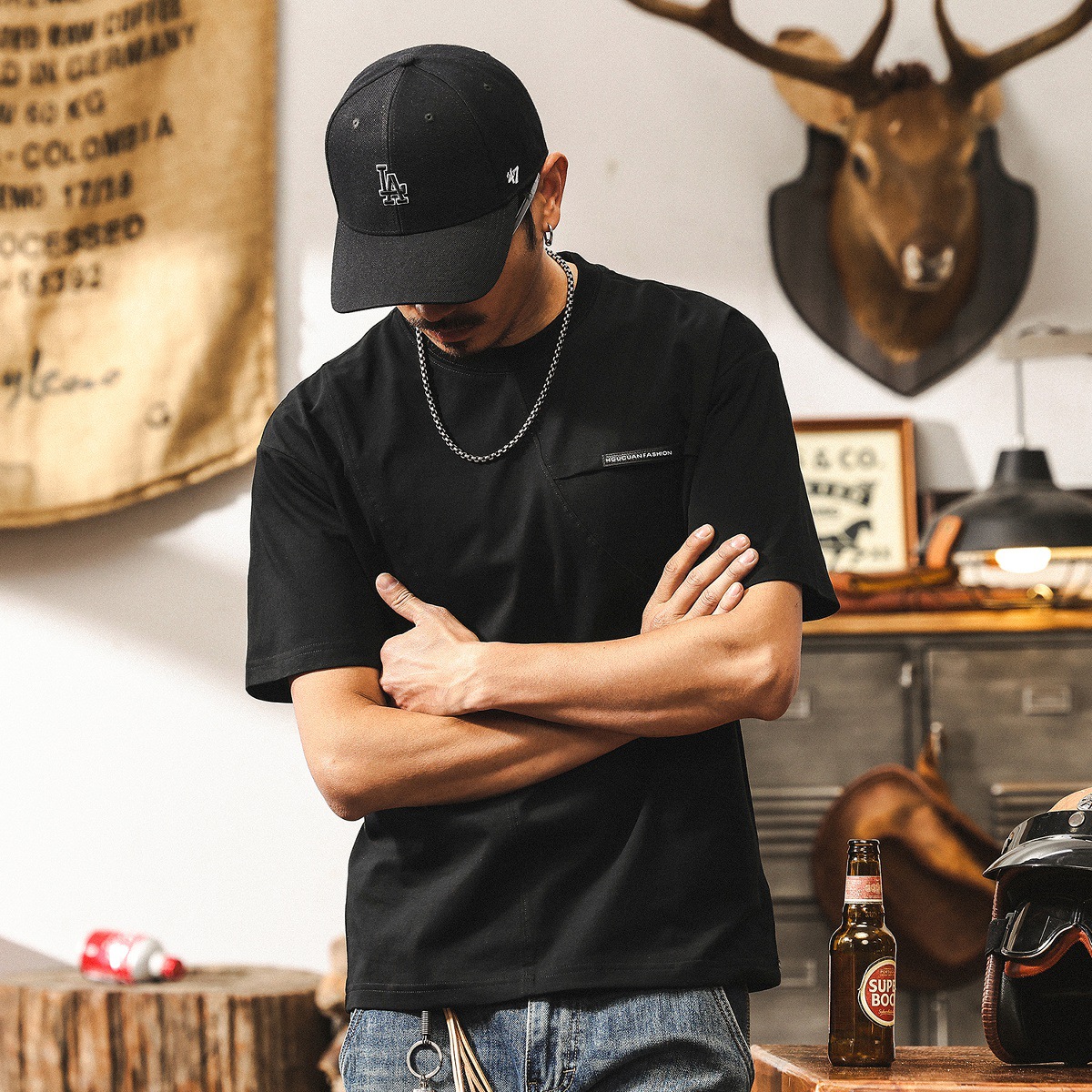 美式復古拼接涼感T恤短袖男款2025夏季新款寬鬆大碼休閒男士上衣T