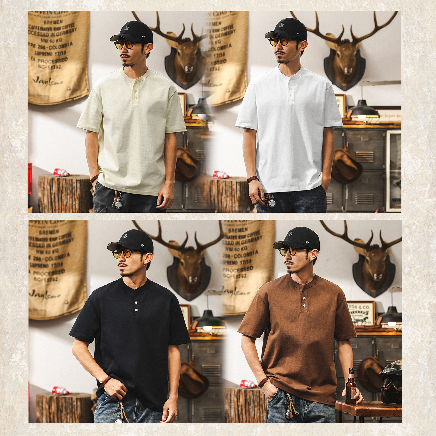 美式復古300g重磅T恤男夏季亨利領短袖男士polo衫潮牌寬鬆上衣男