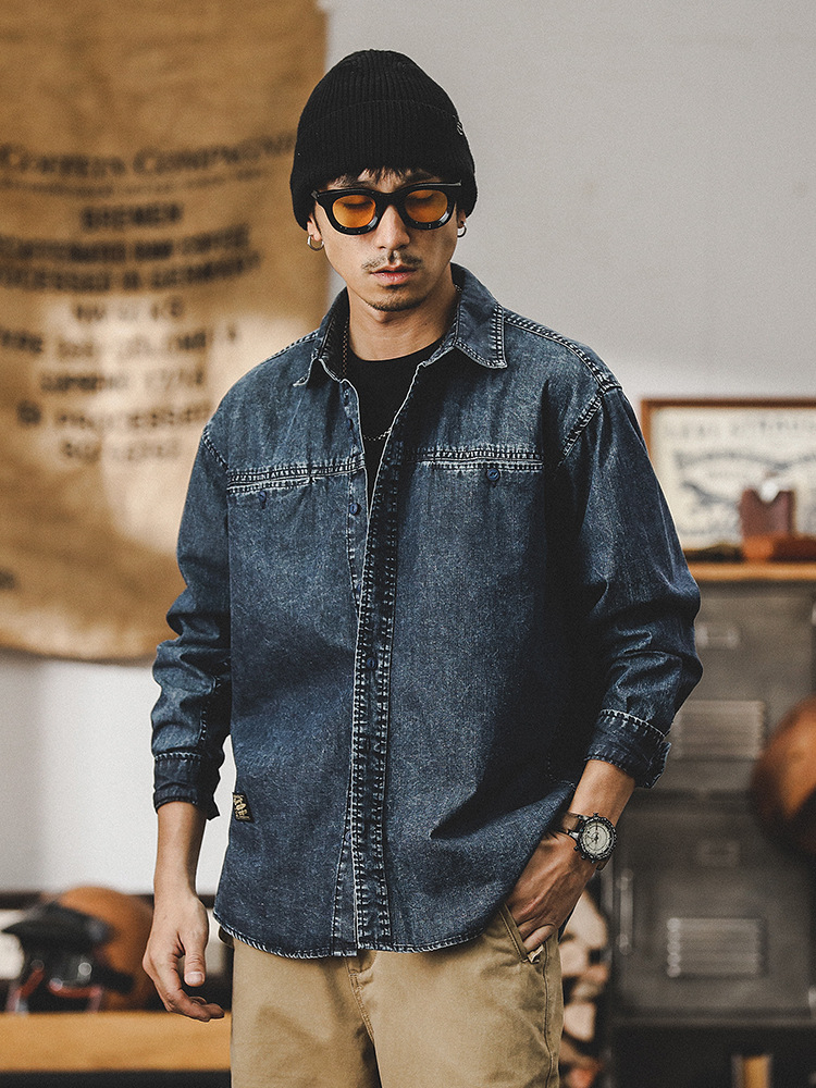 美式重磅復古牛仔襯衫男長袖高級感潮牌寬鬆男士工裝襯衣春季外套