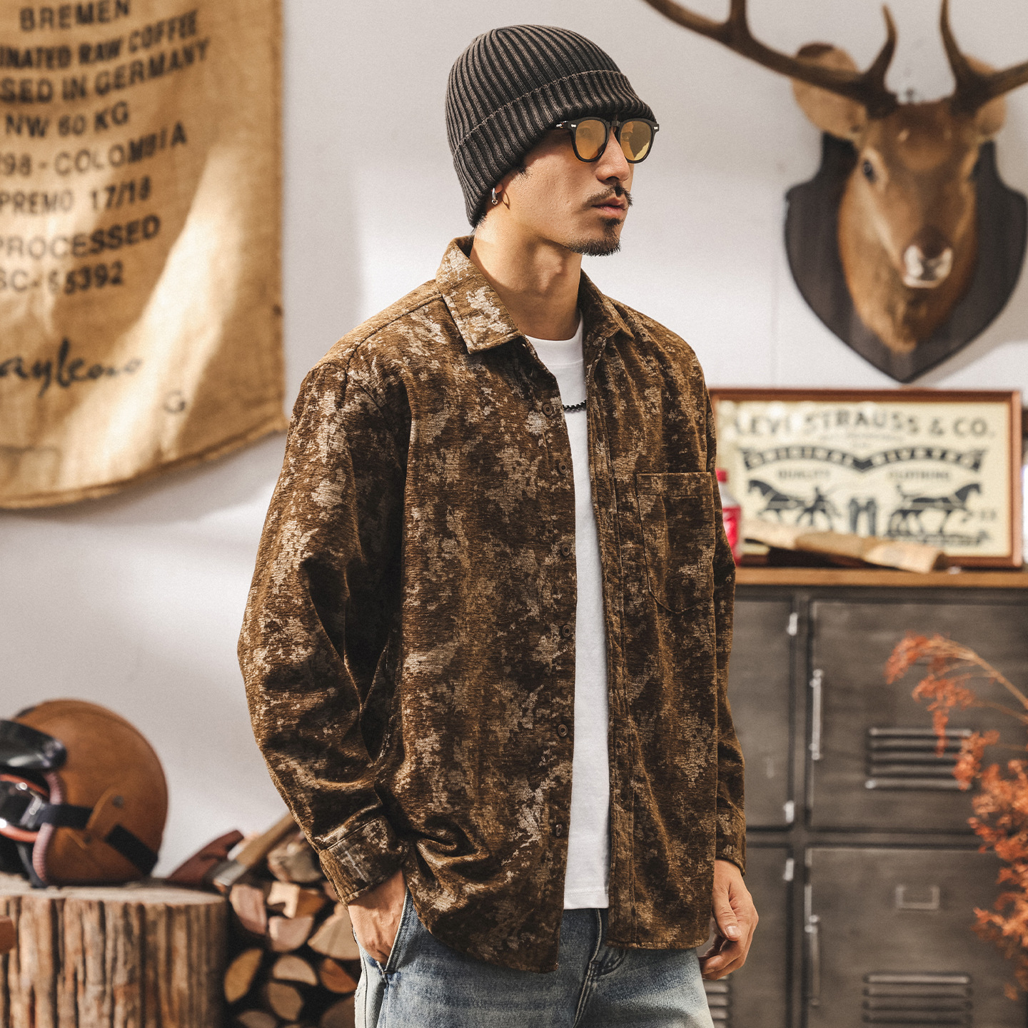 美式復古民族風提花襯衫男長袖春秋新款潮牌古着休閒襯衣寬鬆外套