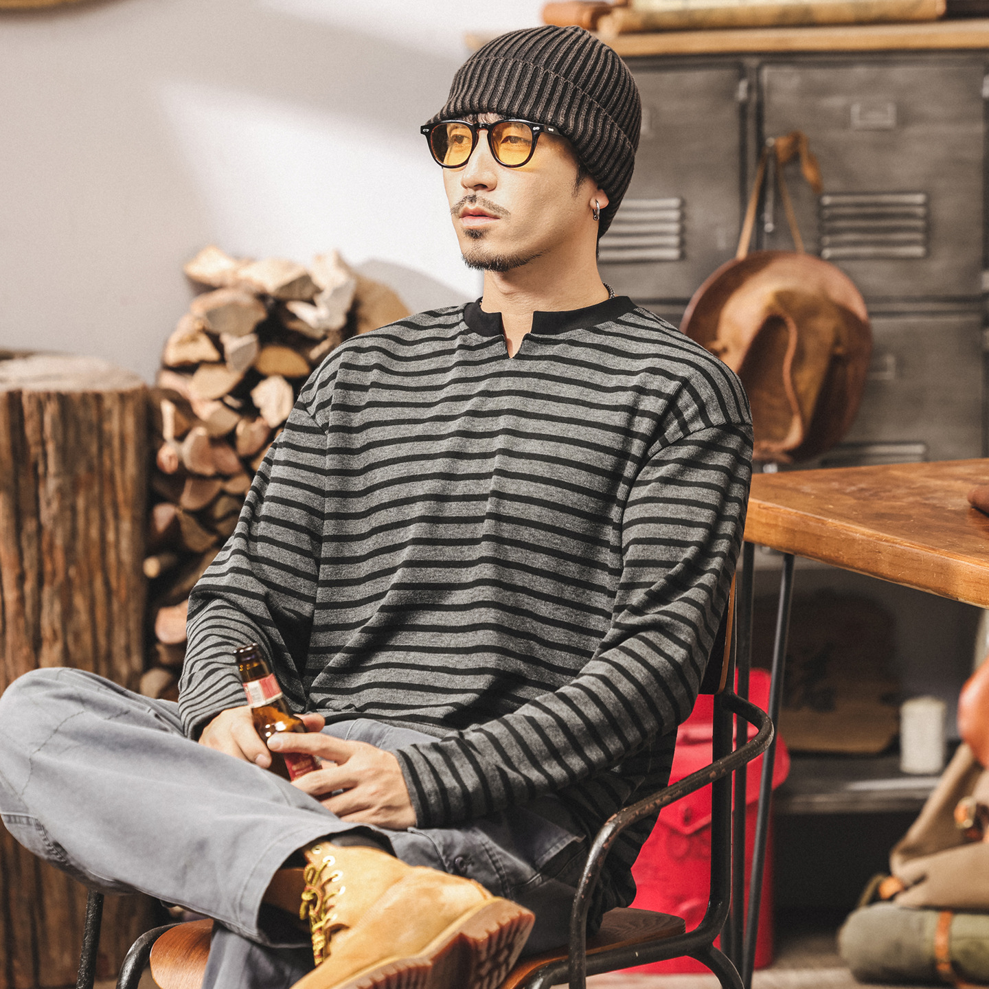 美式280g重磅條紋長袖t恤男秋季2025新款寬鬆潮牌慵懶打底V領上衣