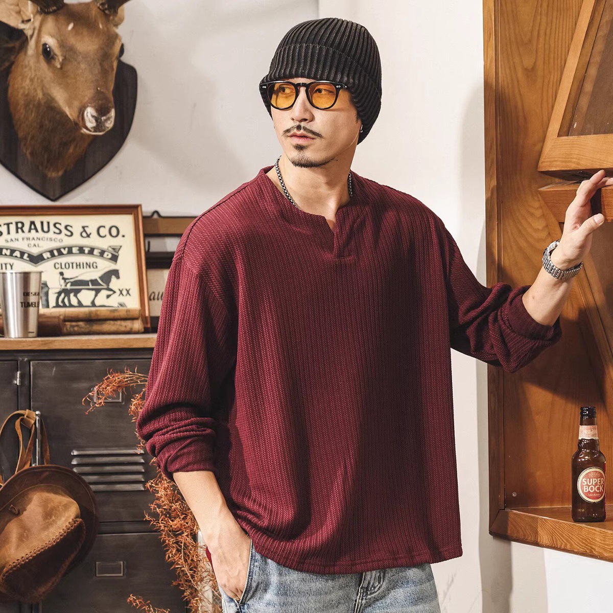 美式復古長袖T恤男春季新款重磅潮牌麻花針織衛衣男春秋休閒上衣