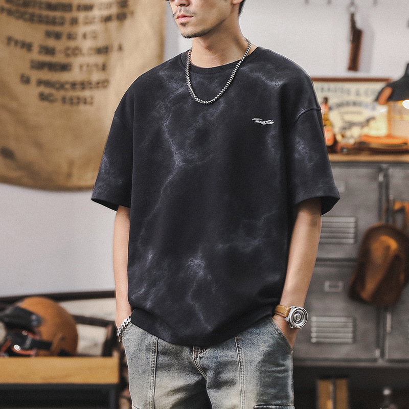美式潮牌短袖男夏季宽松扎染水洗重磅T恤男士2024新款半袖体恤男