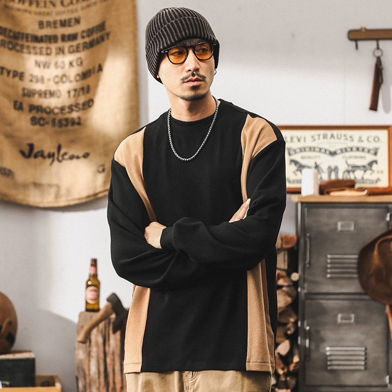 美式復古拼接撞色長袖T恤男秋季潮牌重磅肌理感寬鬆男士休閒上衣