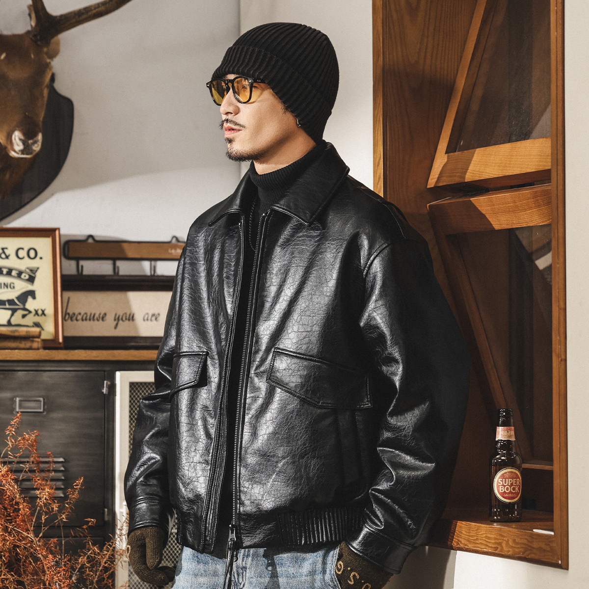 美式復古90%鴨絨機車皮衣羽絨服男冬季加厚保暖潮流皮夾克外套男