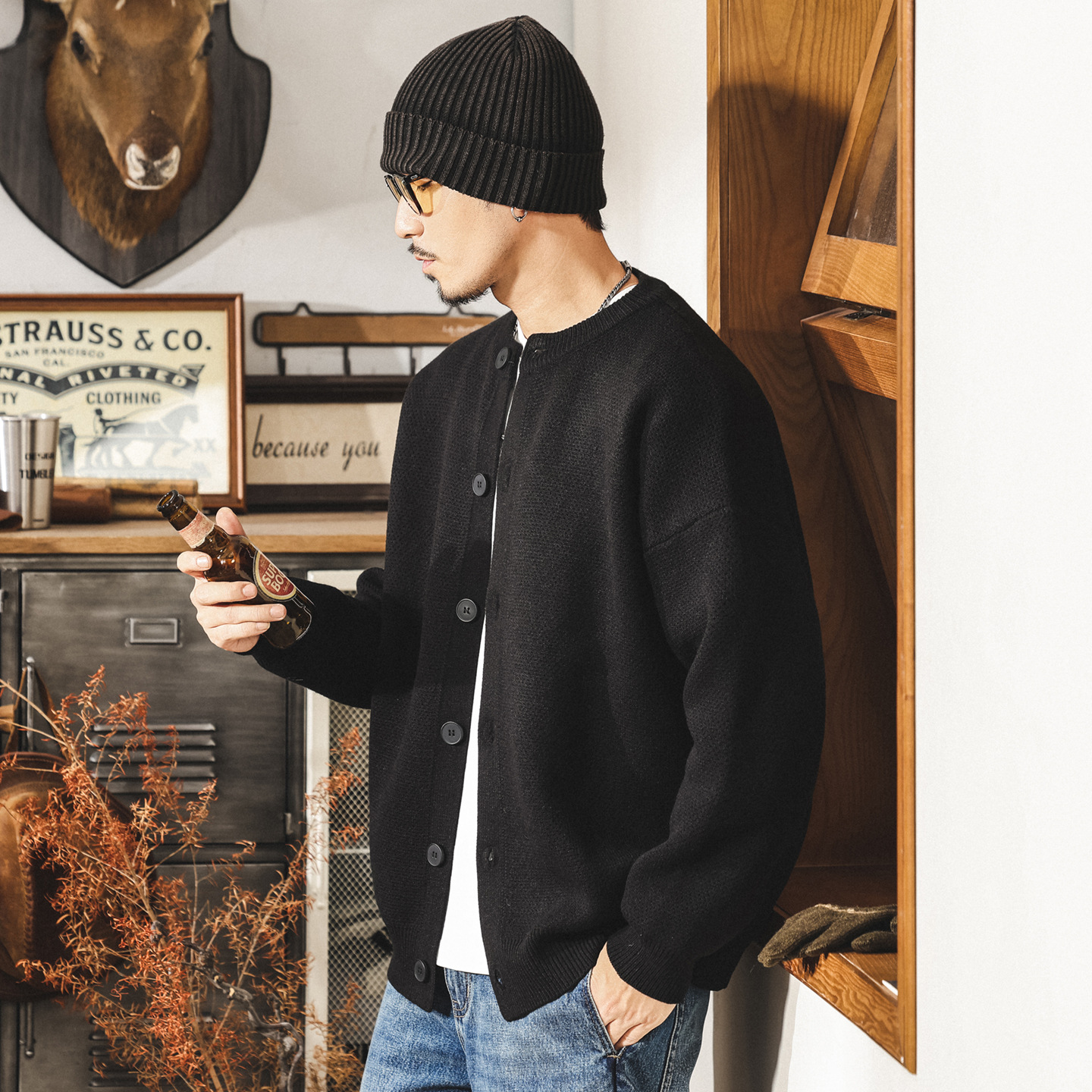 美式復古加厚開衫毛衣男款冬季保暖毛線衣男士寬鬆潮牌針織衫外套