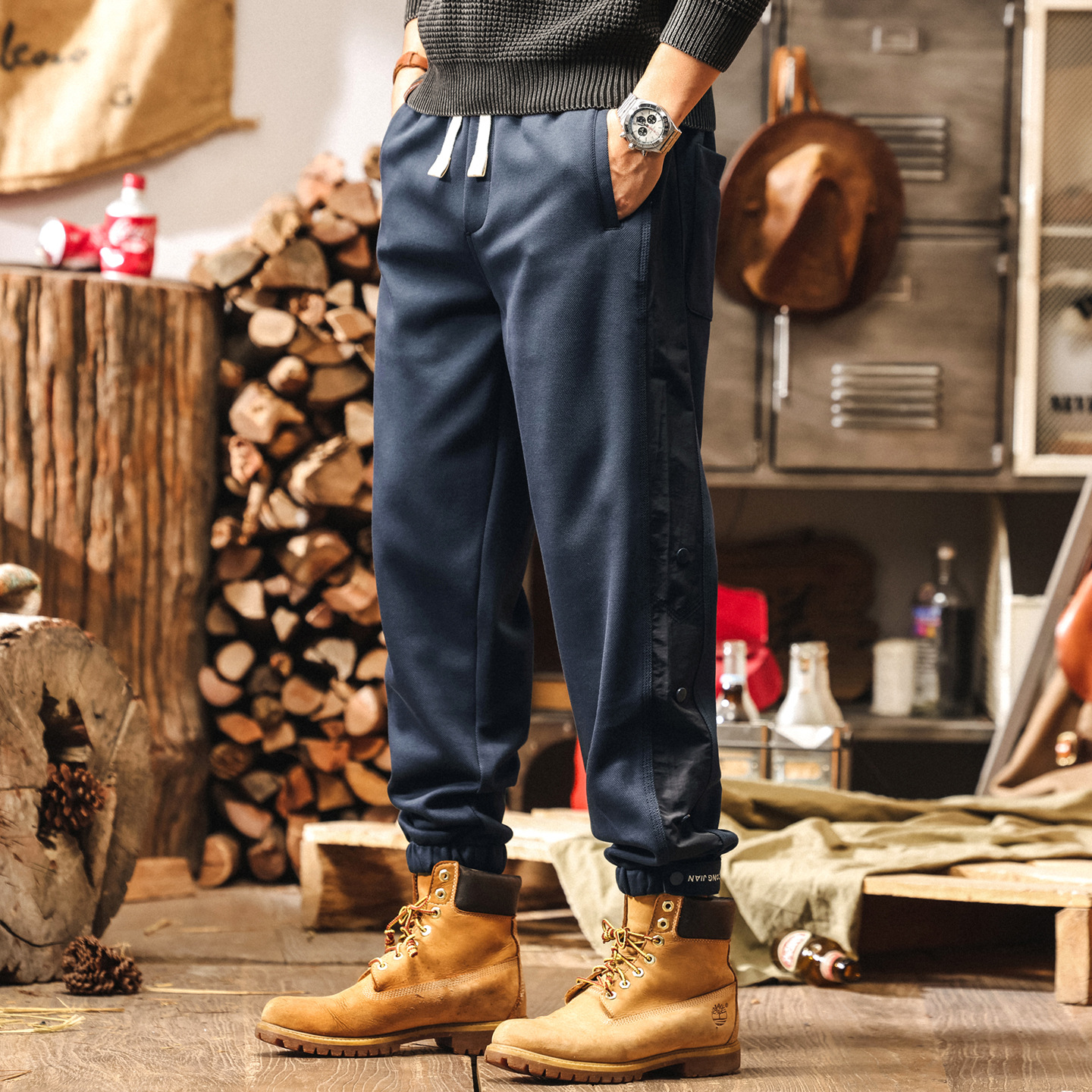 美式復古藏青色衛褲男秋季2025新款拼接設計感寬鬆束腳男士休閒褲