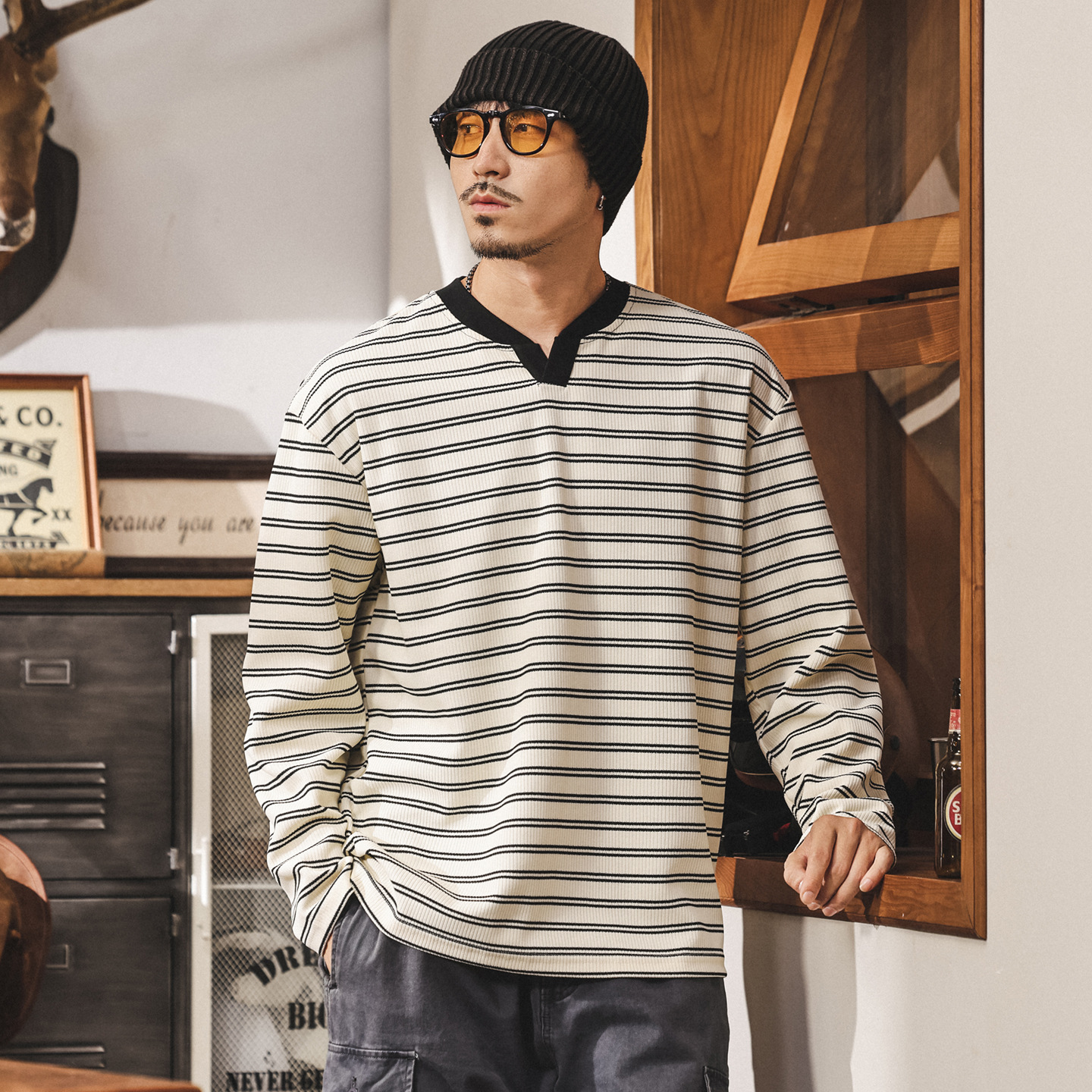 美式復古海魂條紋長袖t恤男2025新款秋季潮牌設計感寬鬆v領上衣男