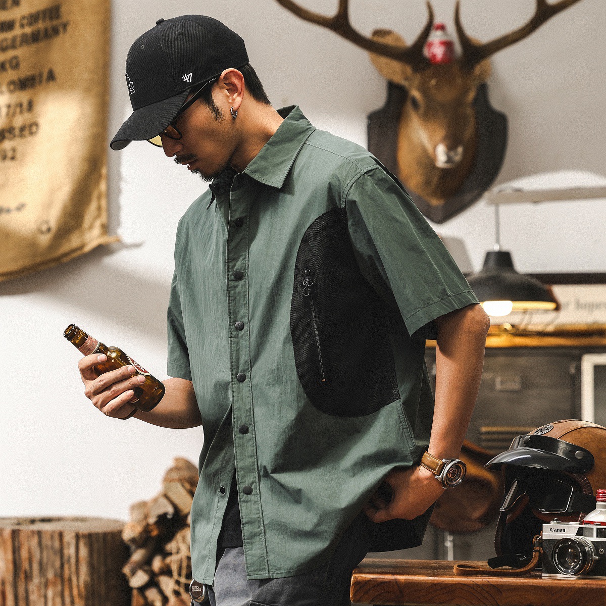 美式復古工裝襯衫男短袖夏季2025新款戶外釣魚機能寬鬆薄款襯衣男