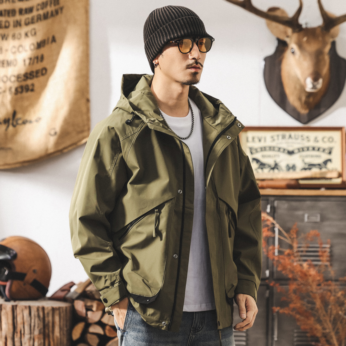 美式復古戶外三防工裝連帽外套男春秋新款山系機能通勤寬鬆夾克男