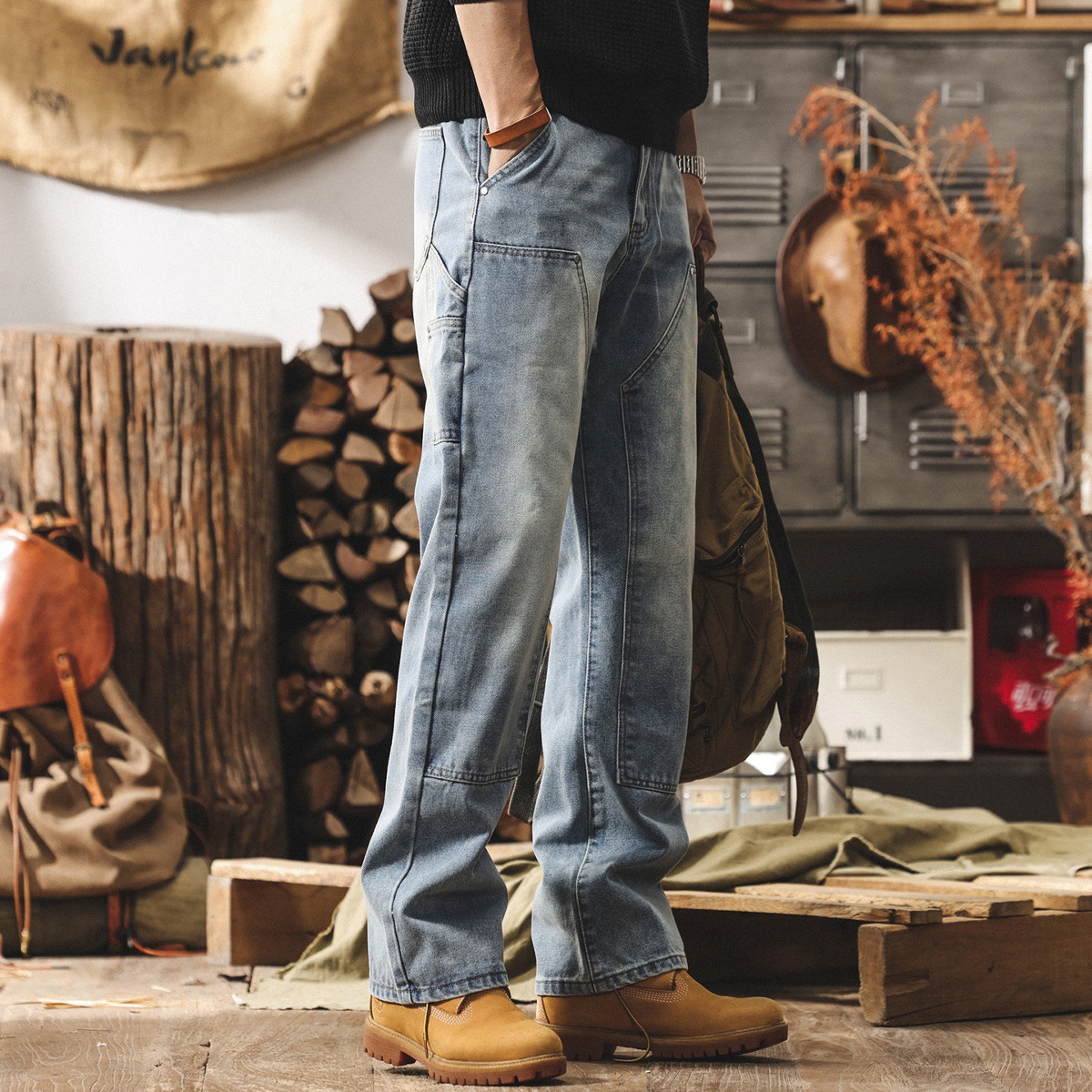 美式復古水洗牛仔褲男直筒春季潮牌工裝褲伐木工褲男士寬鬆休閒褲