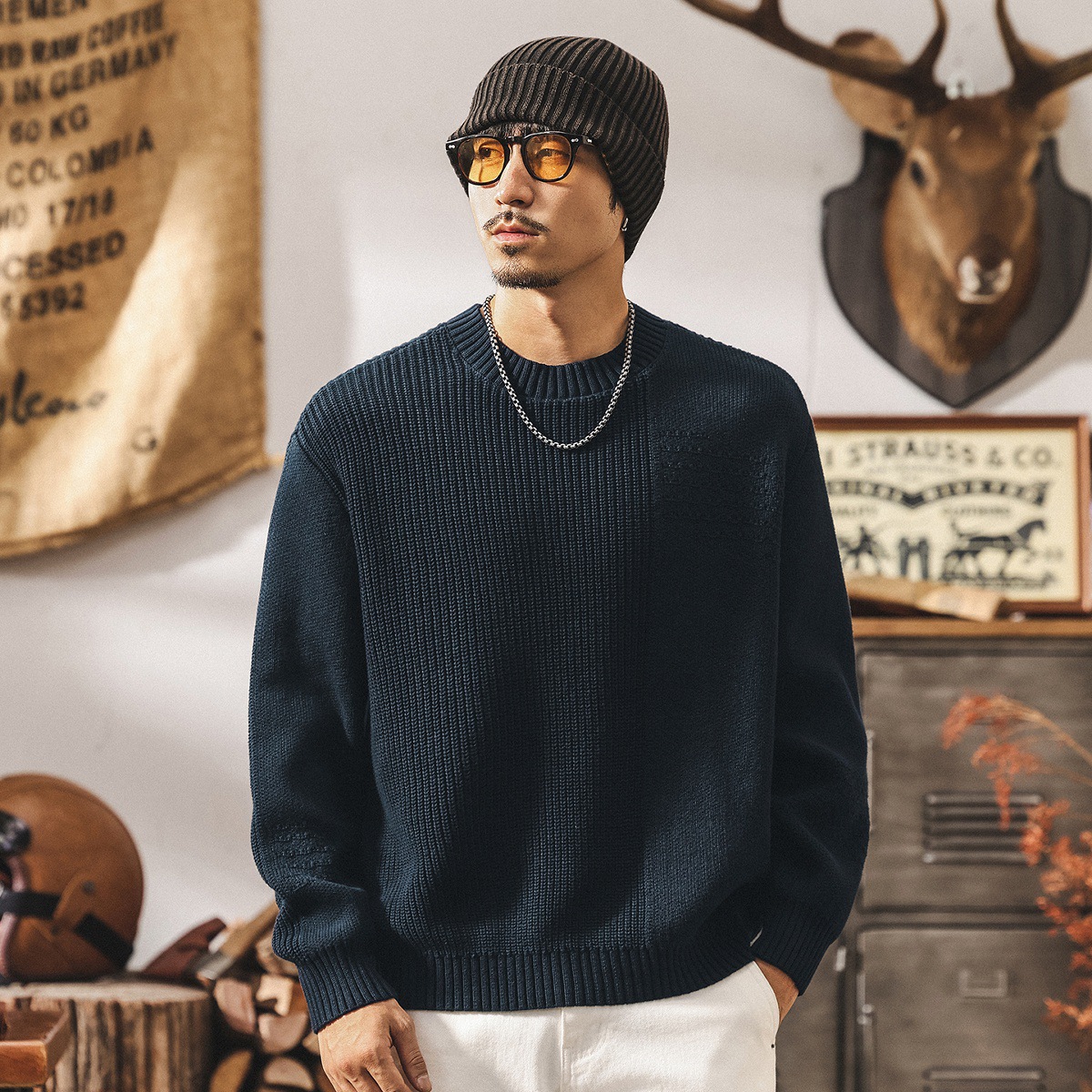 美式重磅復古毛衣男秋冬款慵懶風簡約基礎寬鬆秋季線衣男士針織衫