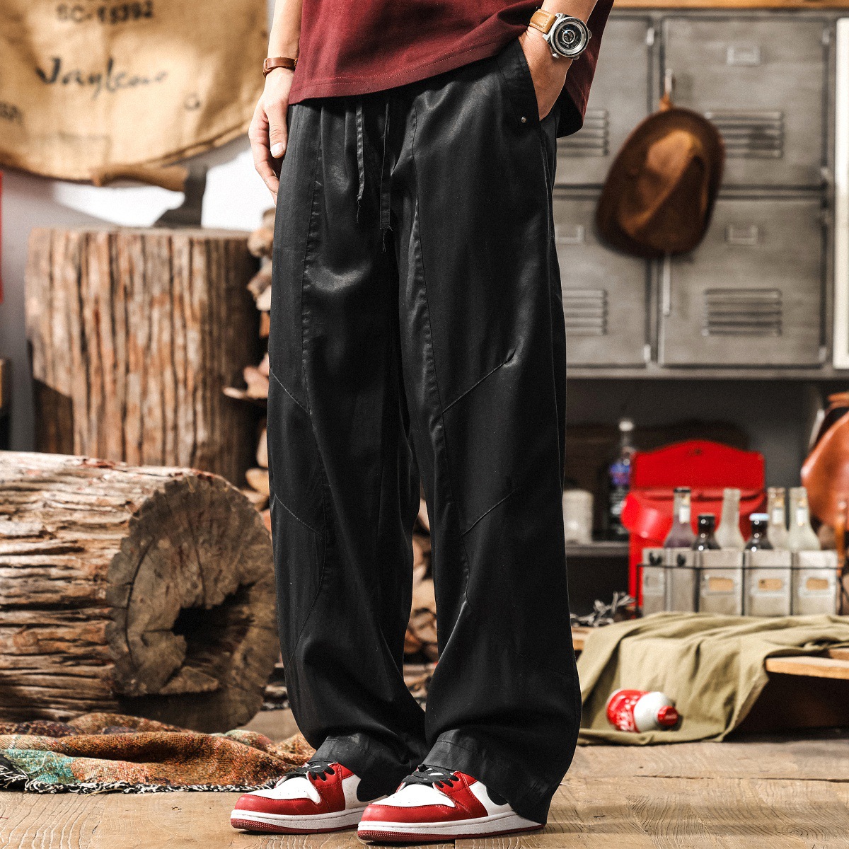 萊賽爾天絲亞麻休閒褲男士夏季冰絲涼感寬鬆闊腿褲復古直筒長褲子